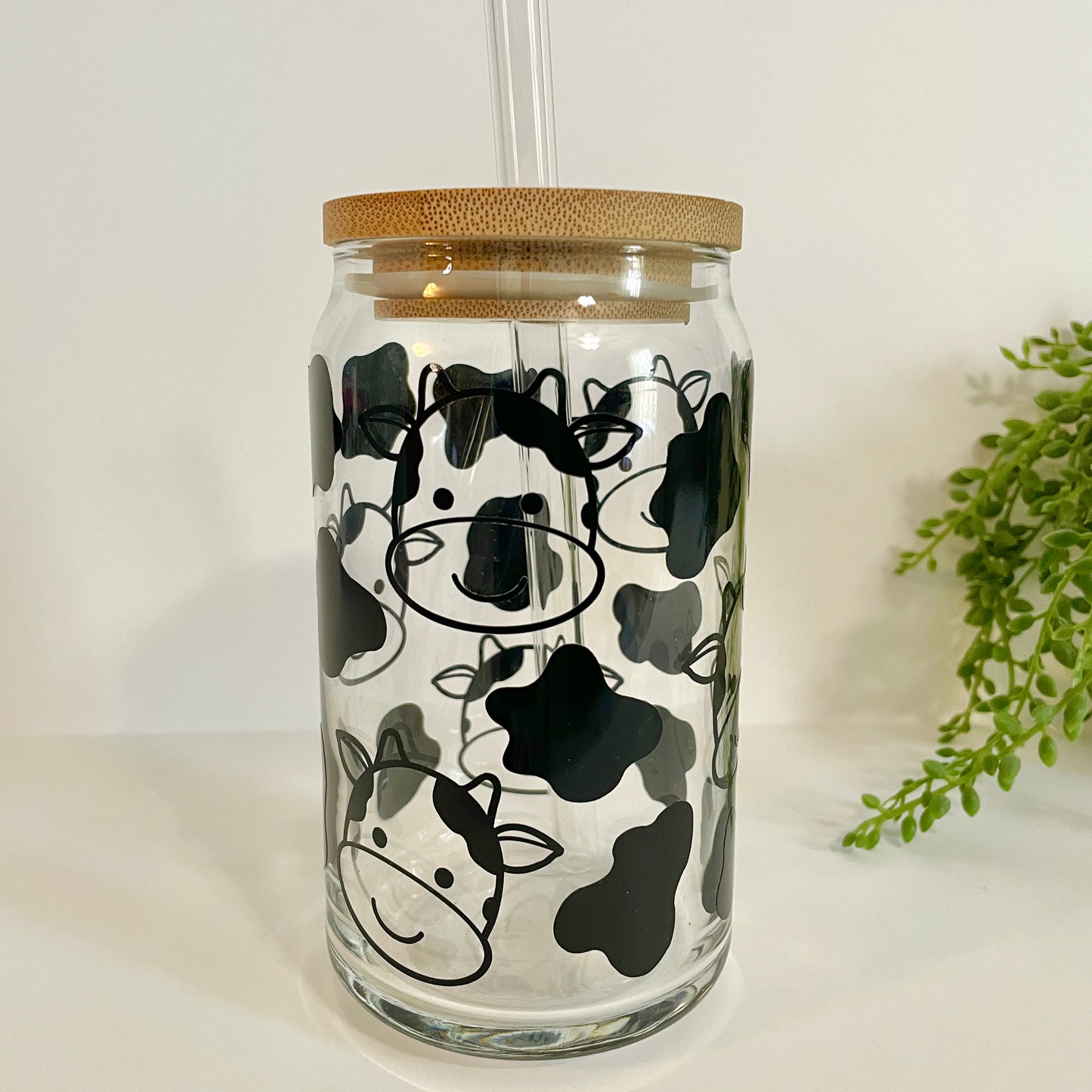 Cute Cow Glass Can Cup with Bamboo Lid and Straw