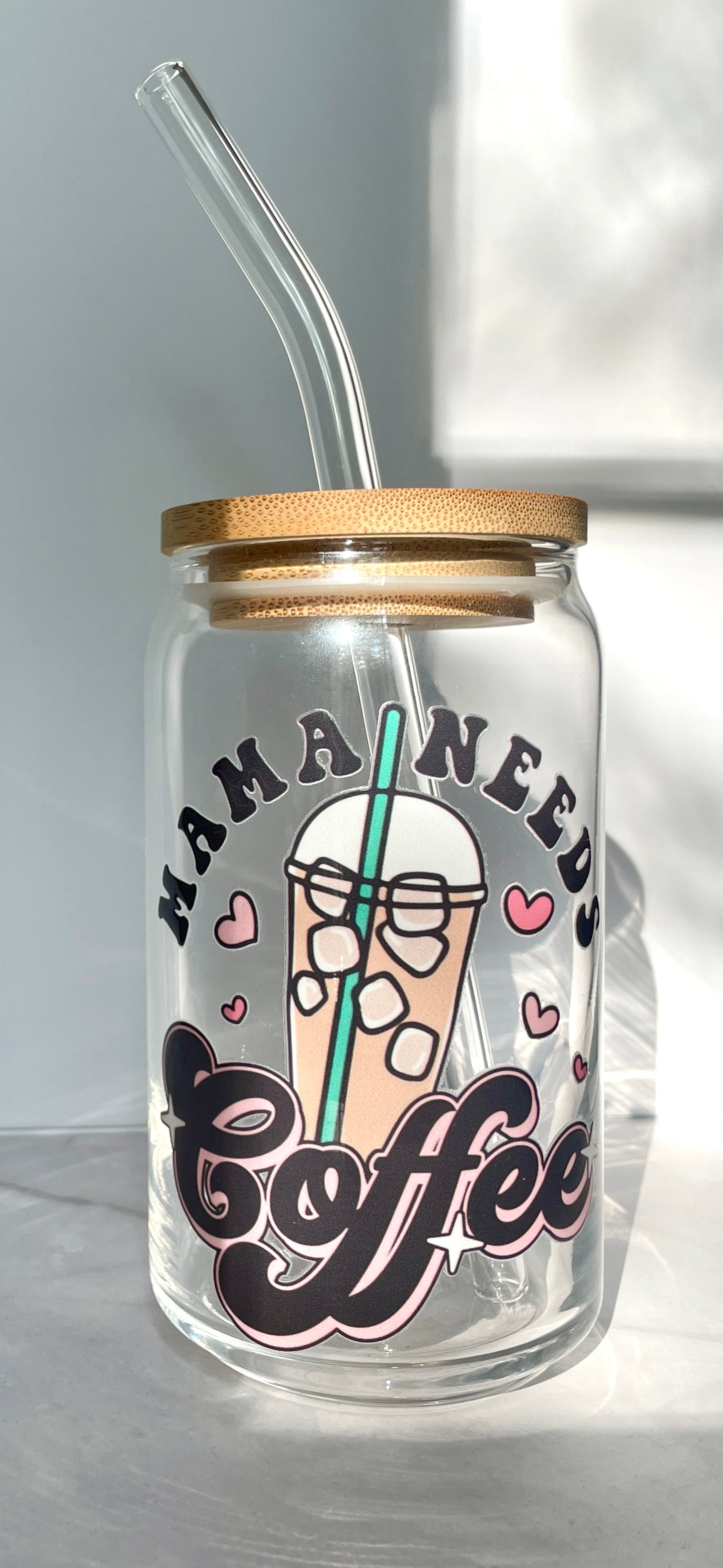 Mama Needs Coffee Glass Can Cup with Bamboo Lid and Straw