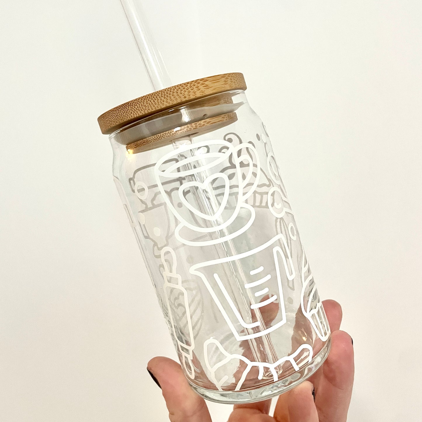 Baking Love Glass Can Cup with Bamboo Lid and Straw