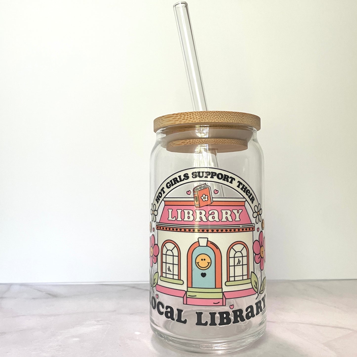 Hot Girls Support Libraries Glass Can Cup with Bamboo Lid and Straw
