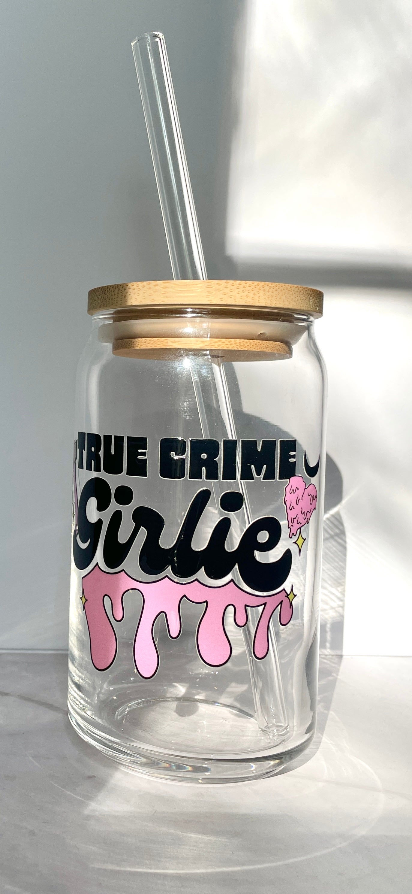 True Crime Girlie Glass Can Cup with Bamboo Lid and Straw