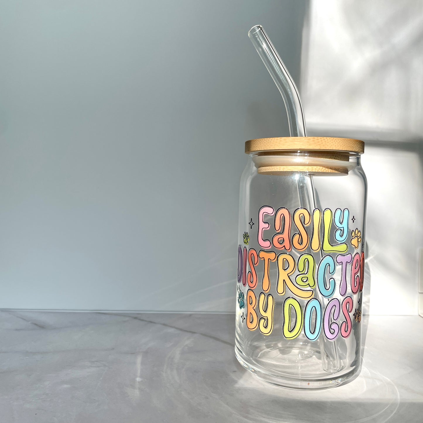 Easily Distracted by Dogs Glass Can Cup with Bamboo Lid and Straw