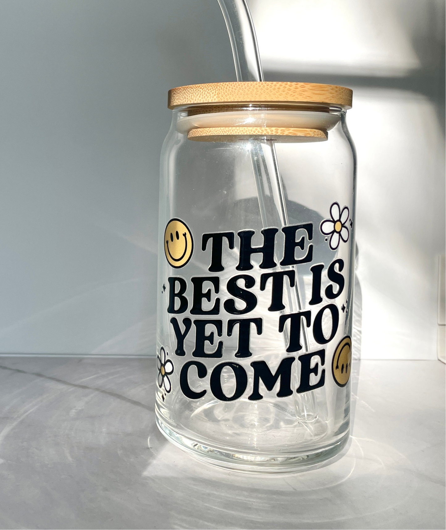 The Best is Yet to Come Glass Can Cup with Bamboo Lid and Straw