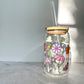 Funky Flowers Glass Can Cup with Bamboo Lid and Straw