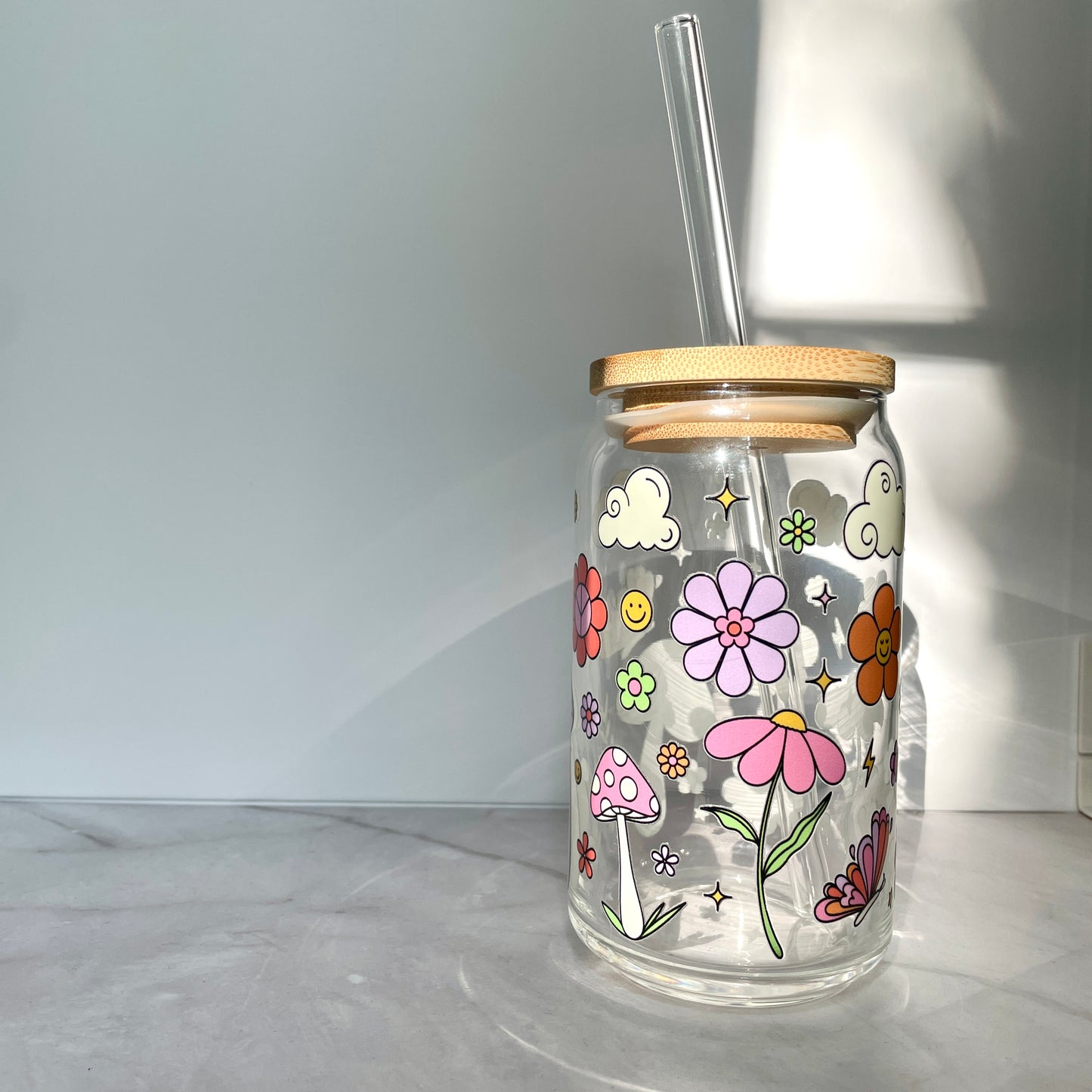 Funky Flowers Glass Can Cup with Bamboo Lid and Straw