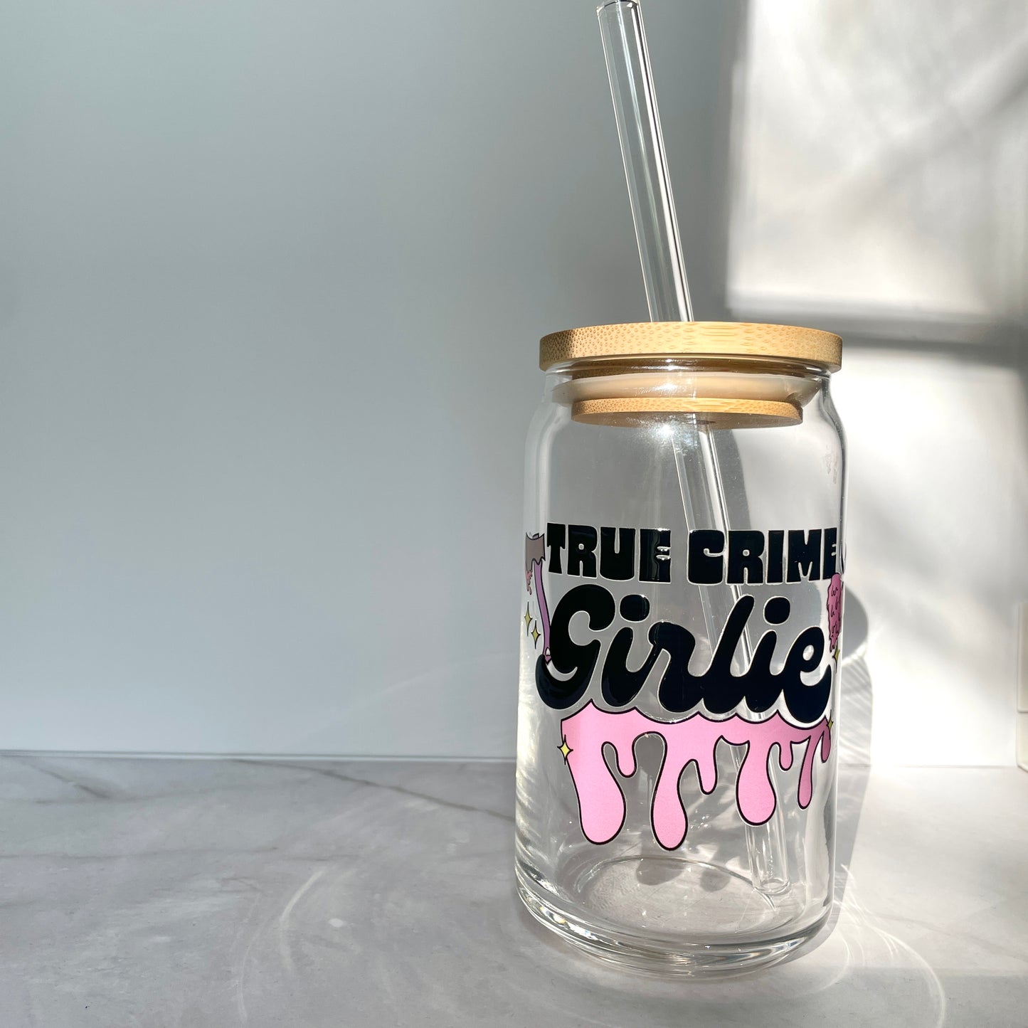 True Crime Girlie Glass Can Cup with Bamboo Lid and Straw