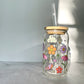 Funky Flowers Glass Can Cup with Bamboo Lid and Straw