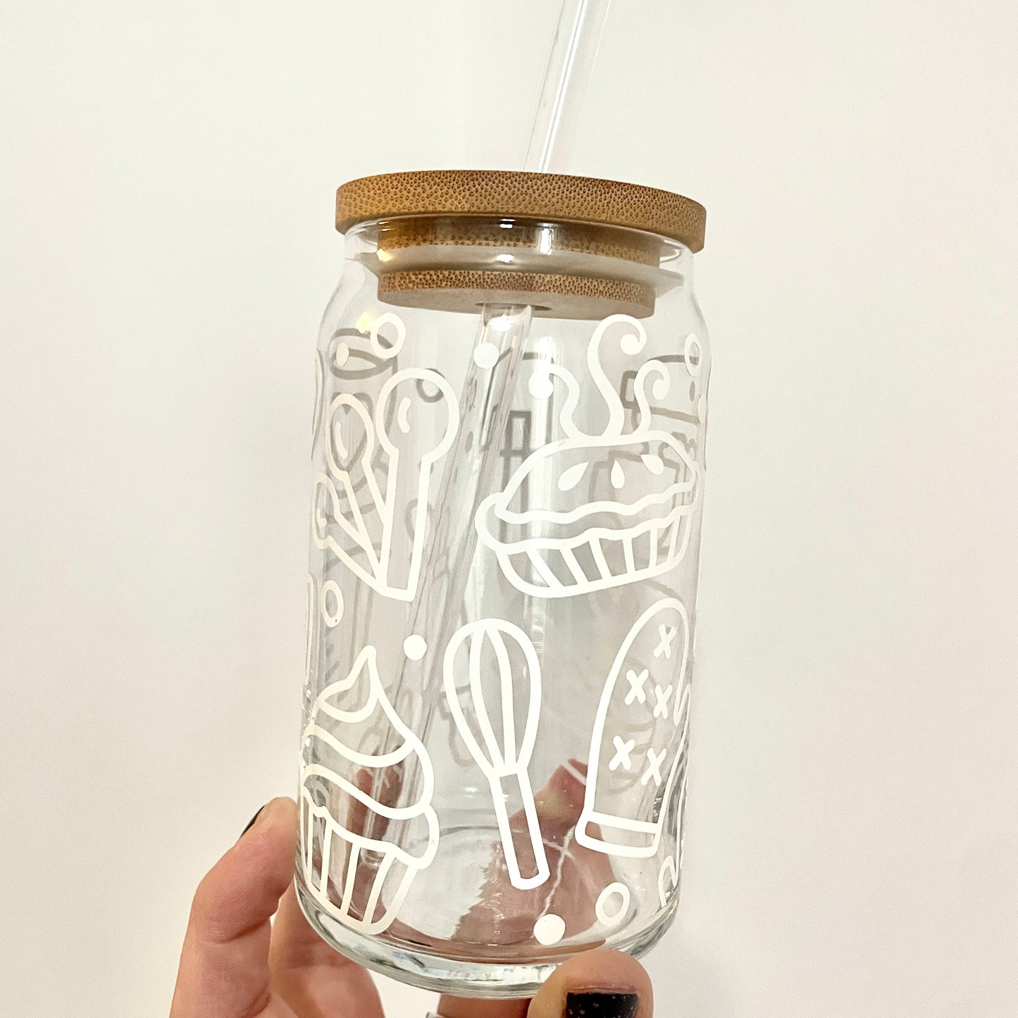 Baking Love Glass Can Cup with Bamboo Lid and Straw