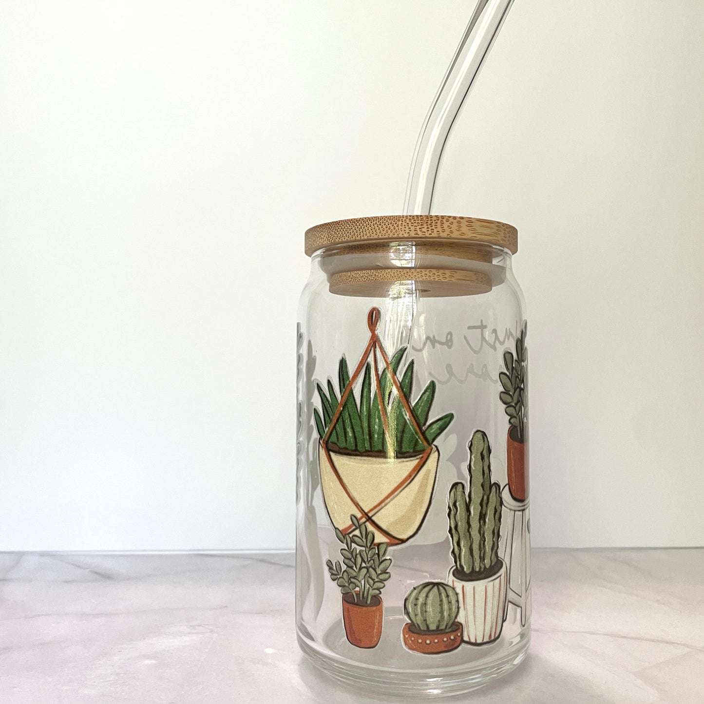 Just One More Plant Glass Can Cup with Bamboo Lid and Straw
