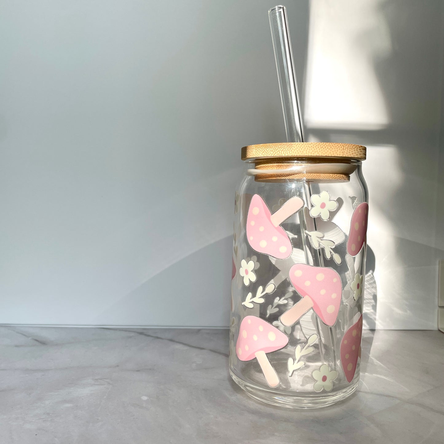 Pink Mushrooms Glass Can Cup with Bamboo Lid and Straw