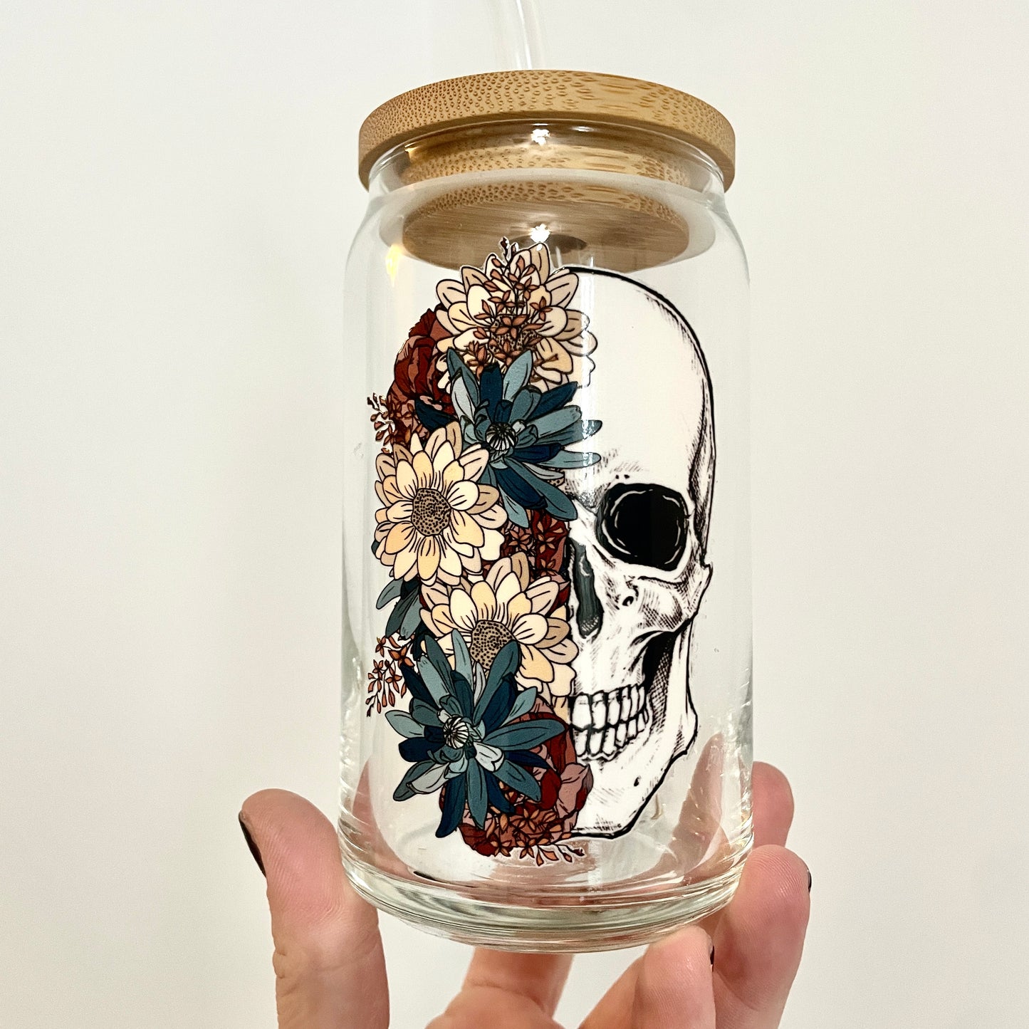 Floral Skull Glass Can Cup with Bamboo Lid and Straw