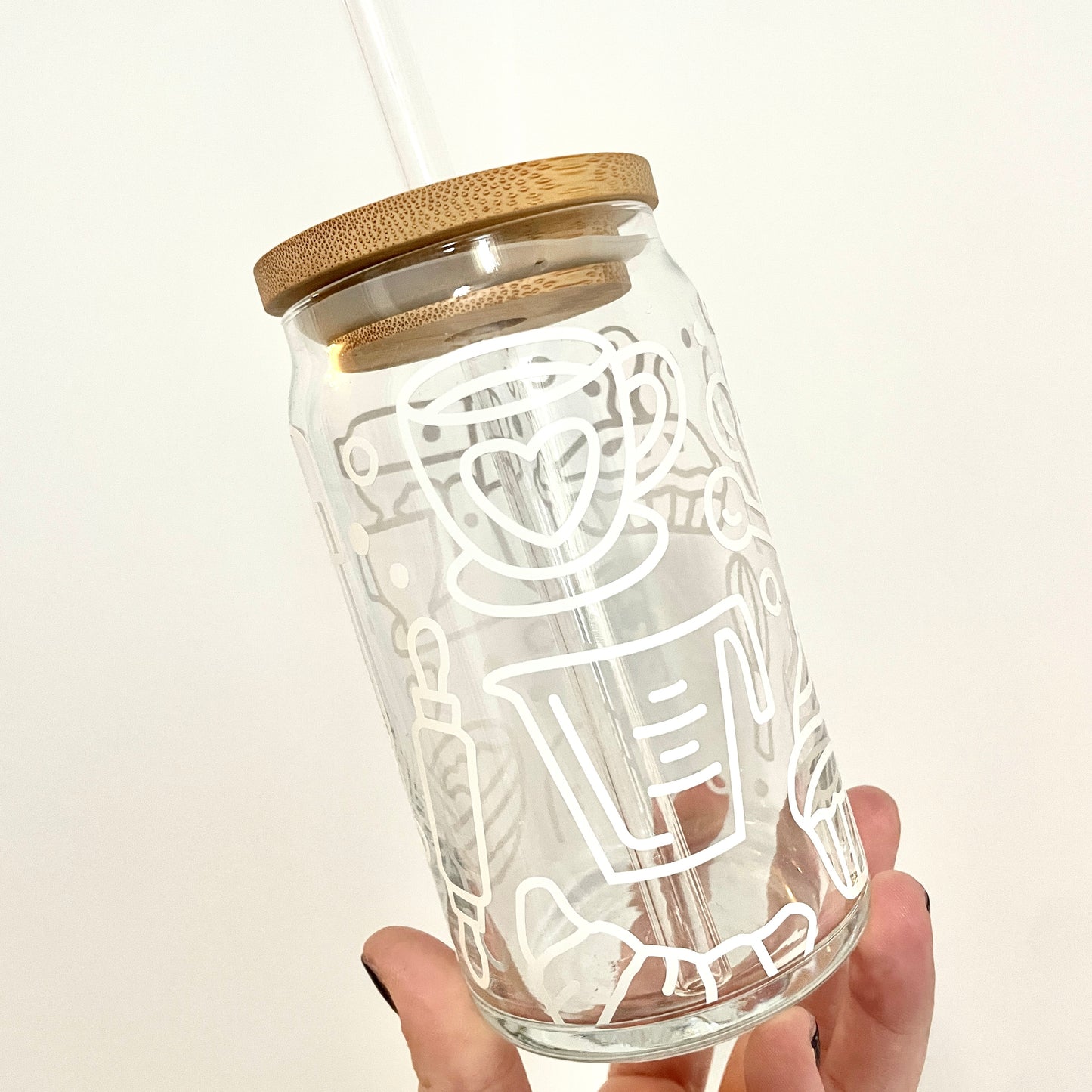 Baking Love Glass Can Cup with Bamboo Lid and Straw