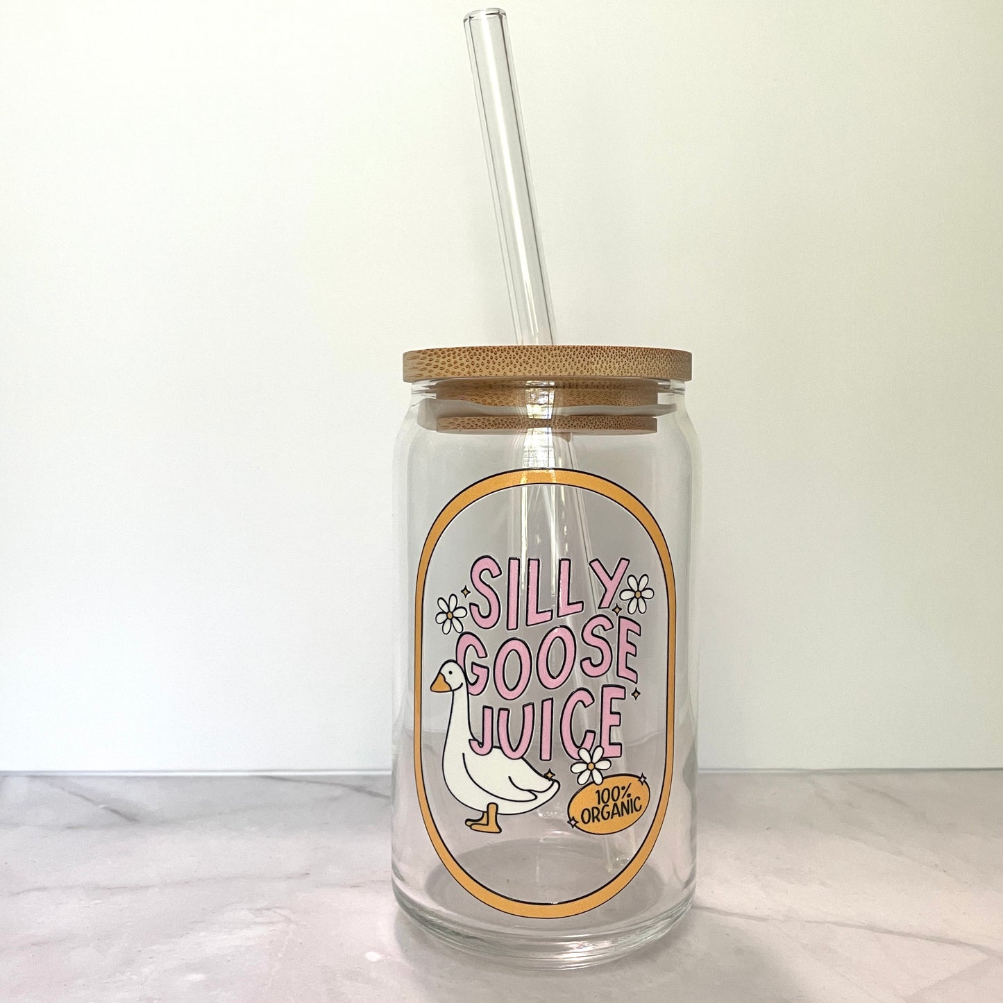 Silly Goose Juice Glass Can Cup with Bamboo Lid and Straw