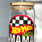 Hot Mess Fast Cars Glass Can Cup with Bamboo Lid and Straw