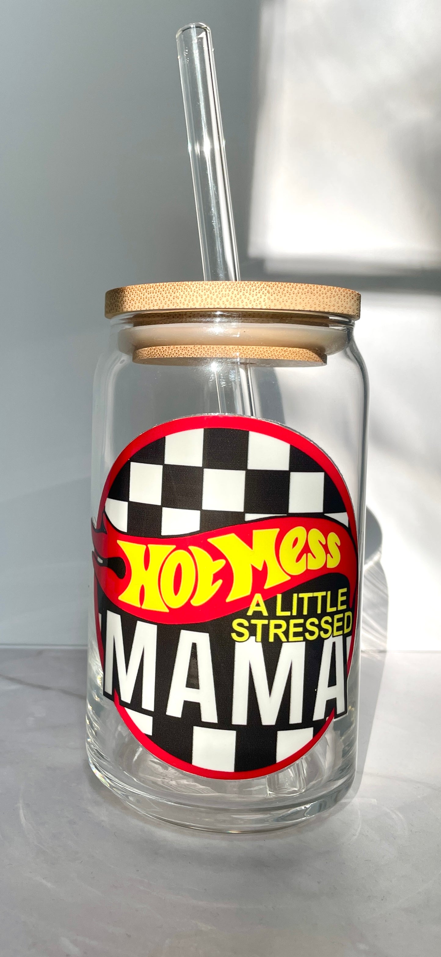 Hot Mess Fast Cars Glass Can Cup with Bamboo Lid and Straw