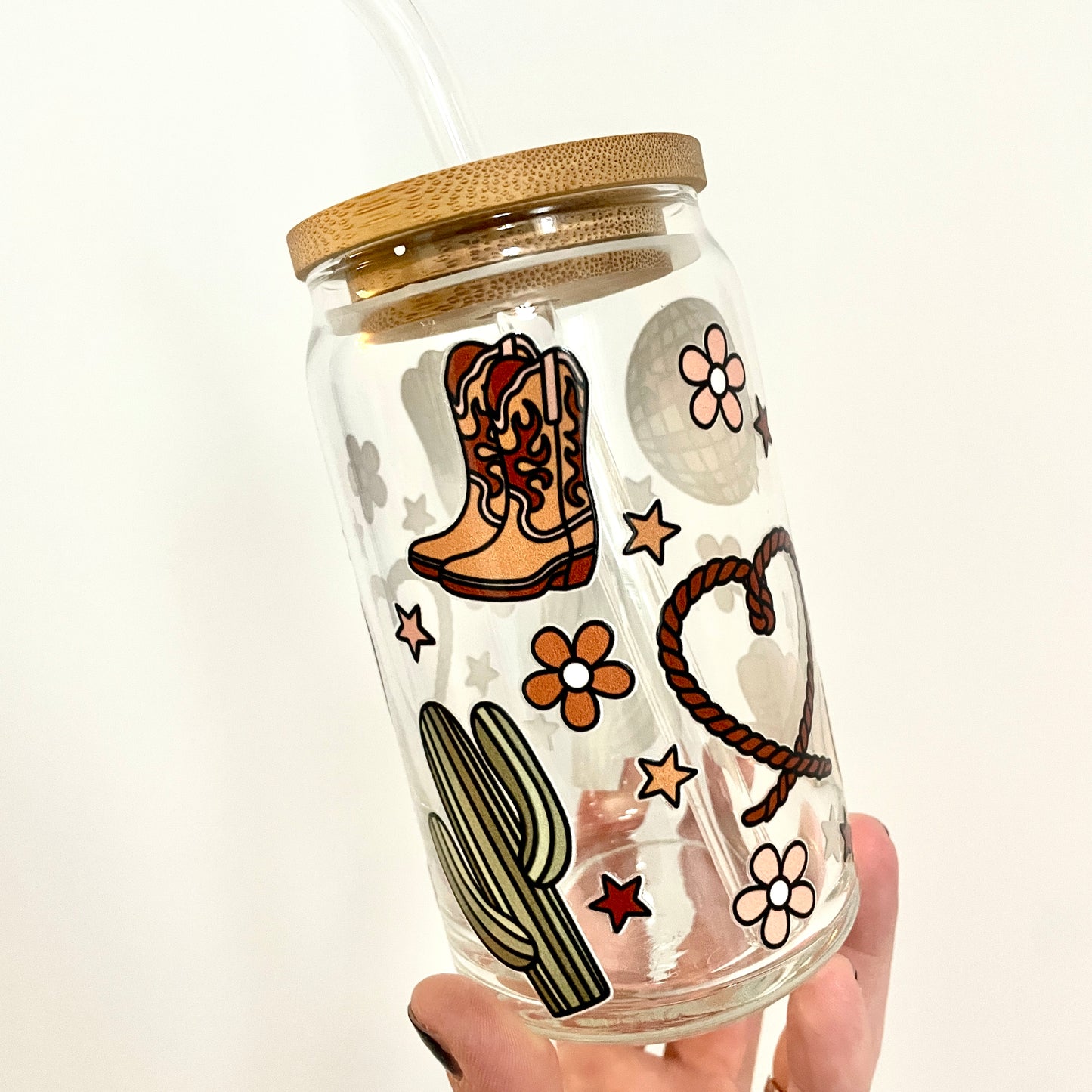 Disco Cowboy Glass Can Cup with Bamboo Lid and Straw