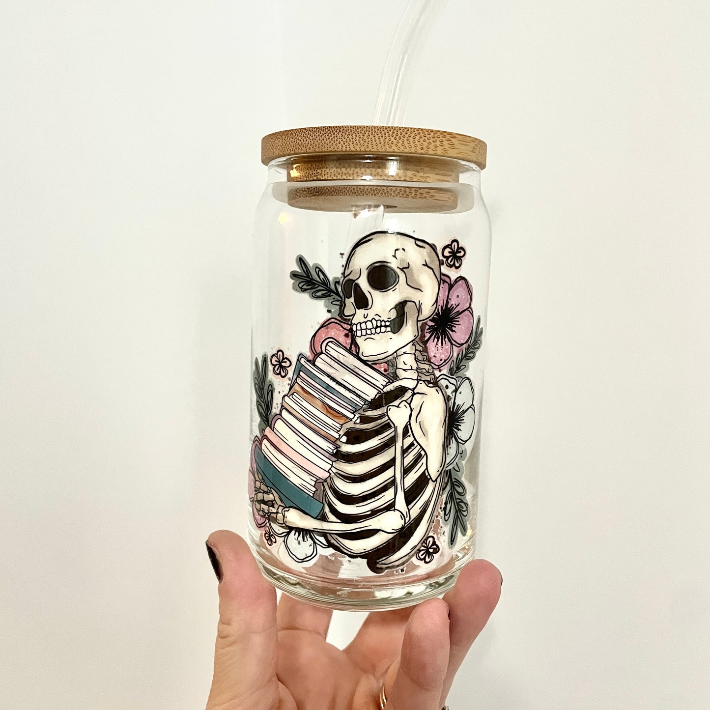 Skeleton TBR Glass Can Cup with Bamboo Lid and Straw