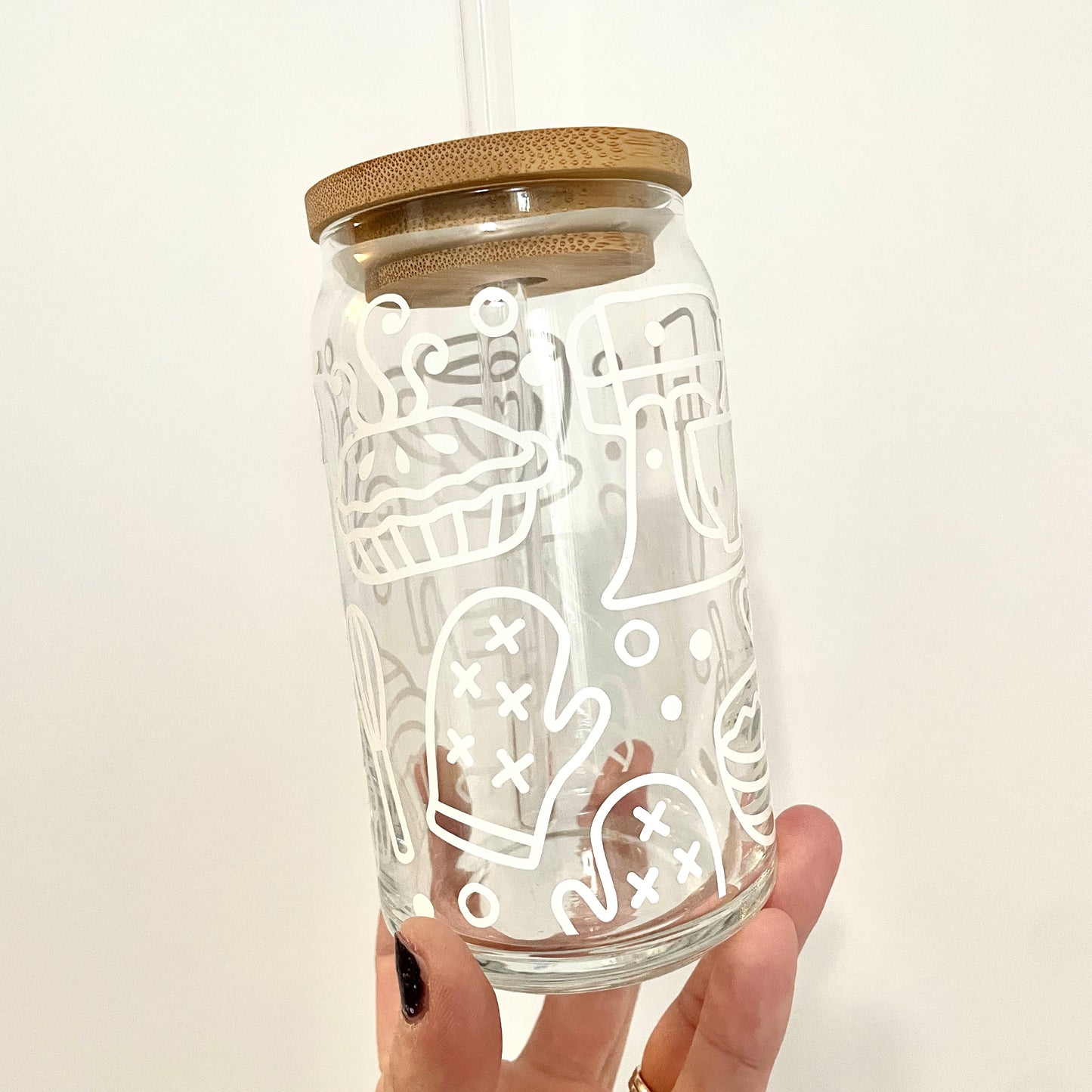 Baking Love Glass Can Cup with Bamboo Lid and Straw