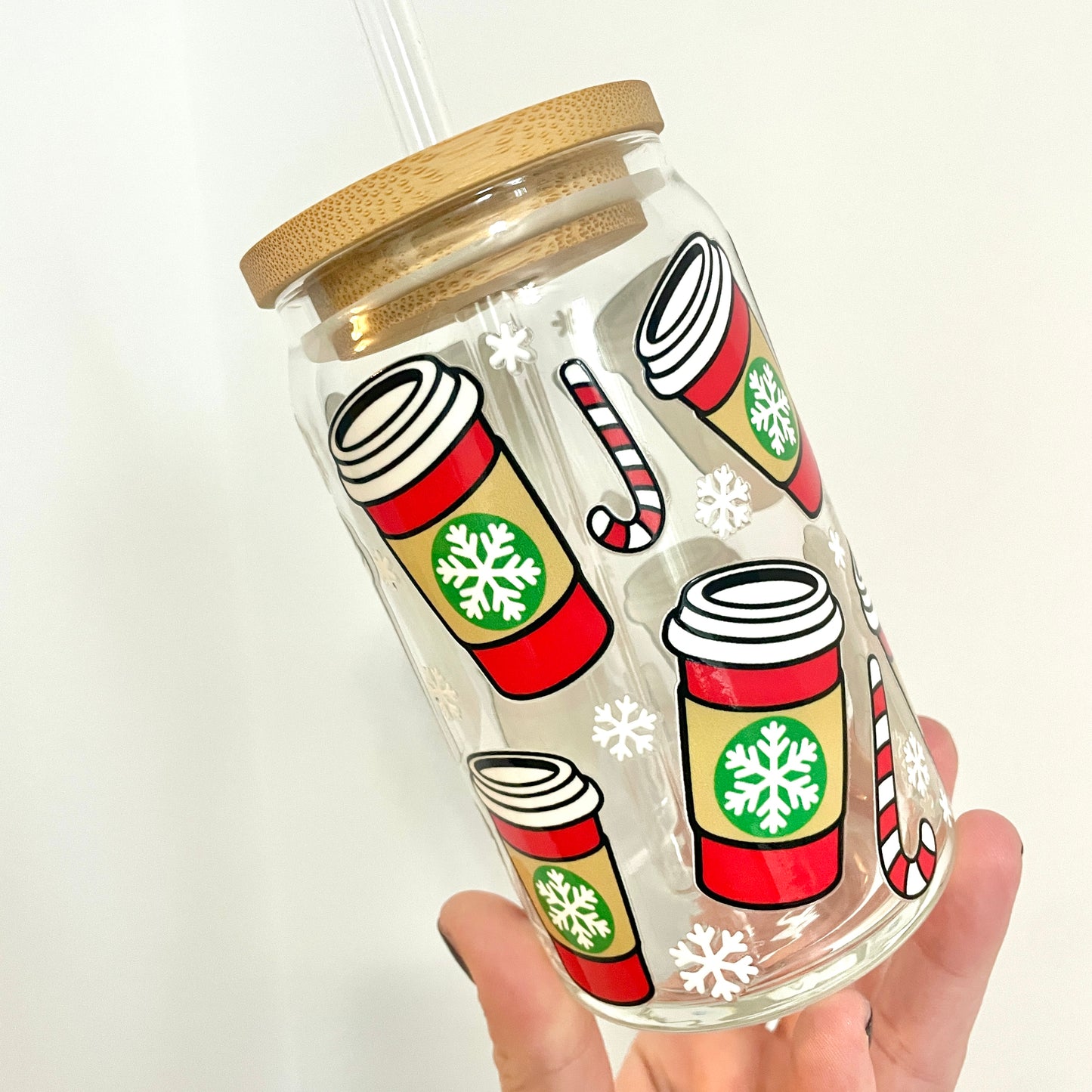 Red Latte Cups Glass Can Cup with Bamboo Lid and Straw