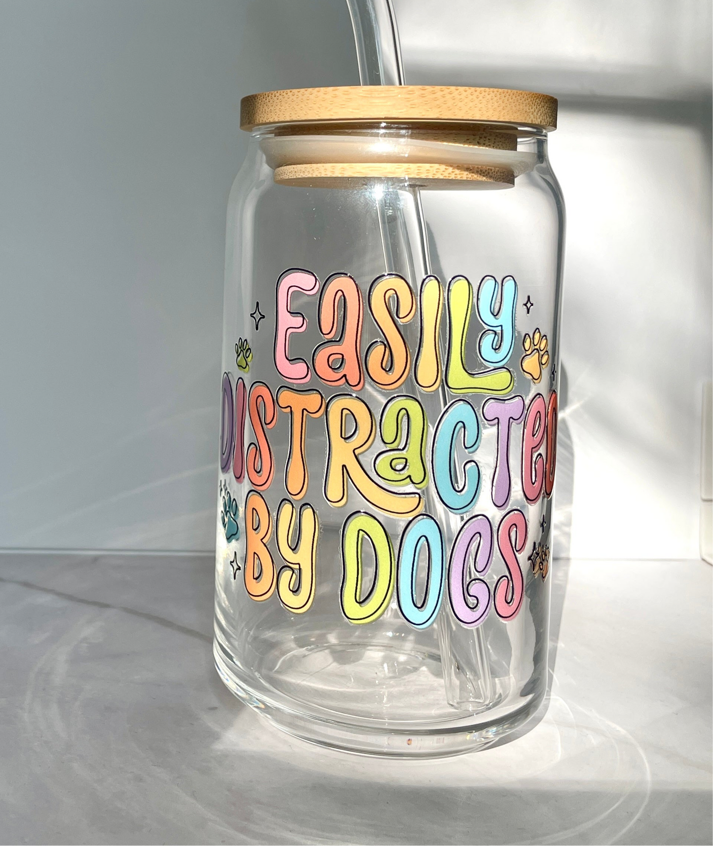 Easily Distracted by Dogs Glass Can Cup with Bamboo Lid and Straw
