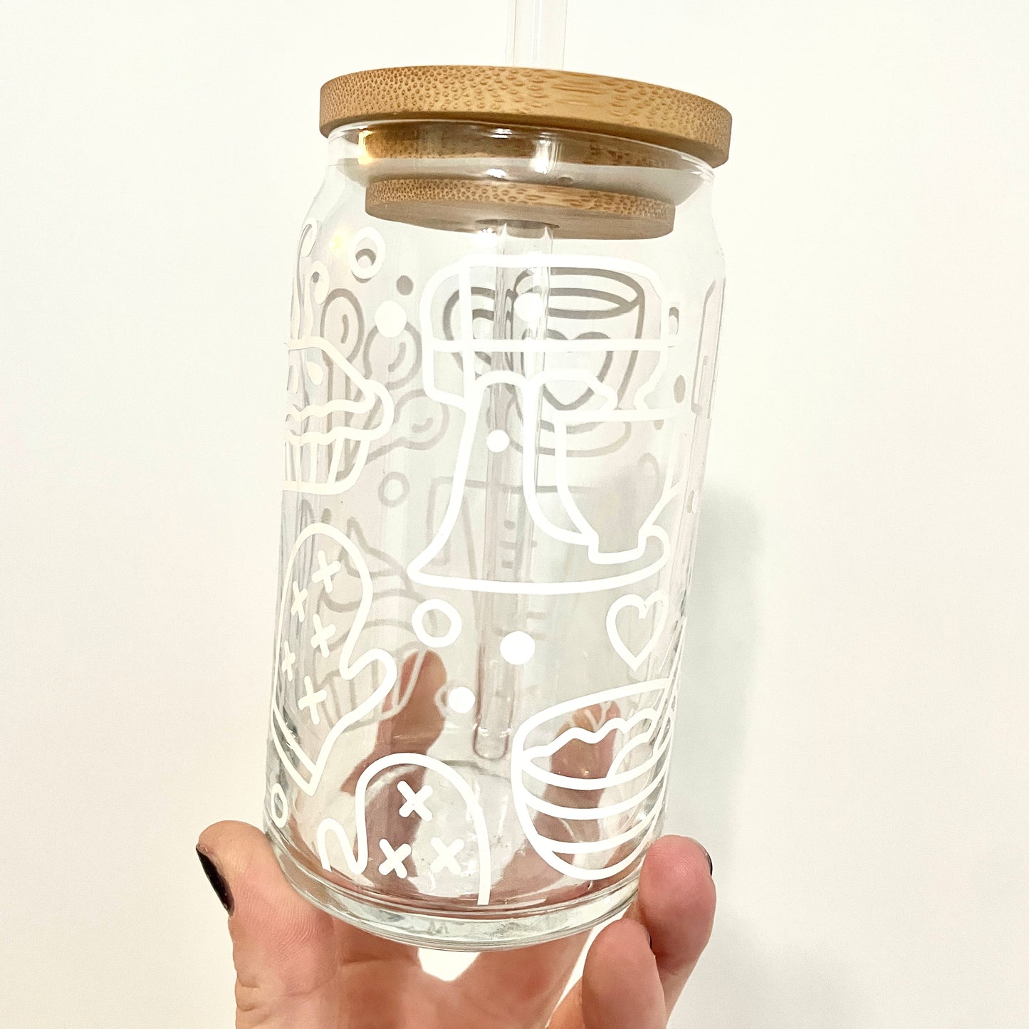 Baking Love Glass Can Cup with Bamboo Lid and Straw