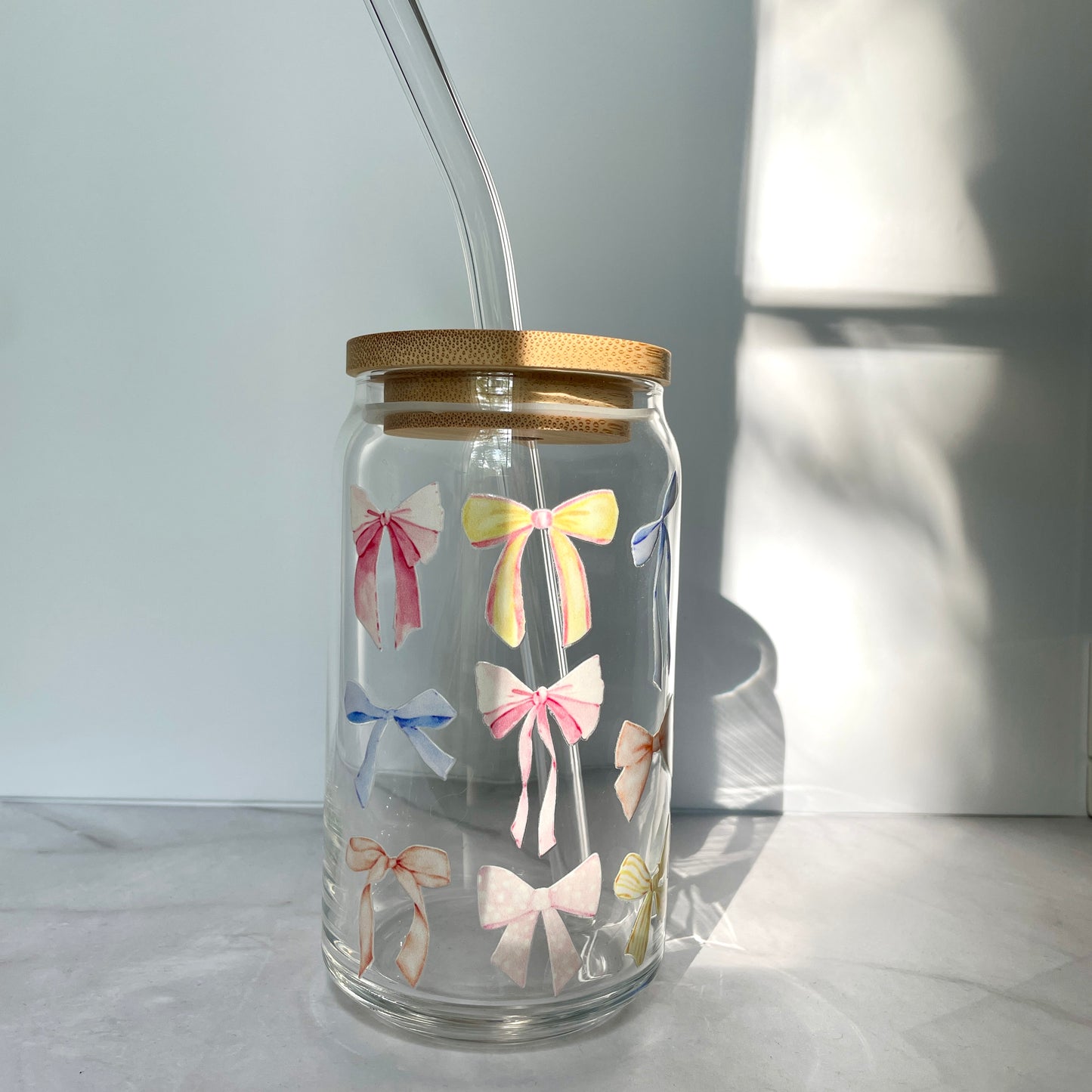 Coquette Bows Glass Can Cup with Bamboo Lid and Straw