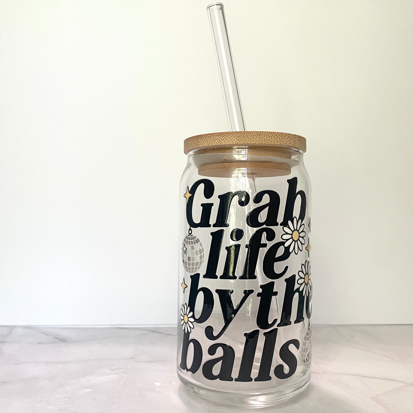 Grab Life by the Disco Balls Glass Can Cup with Bamboo Lid and Straw