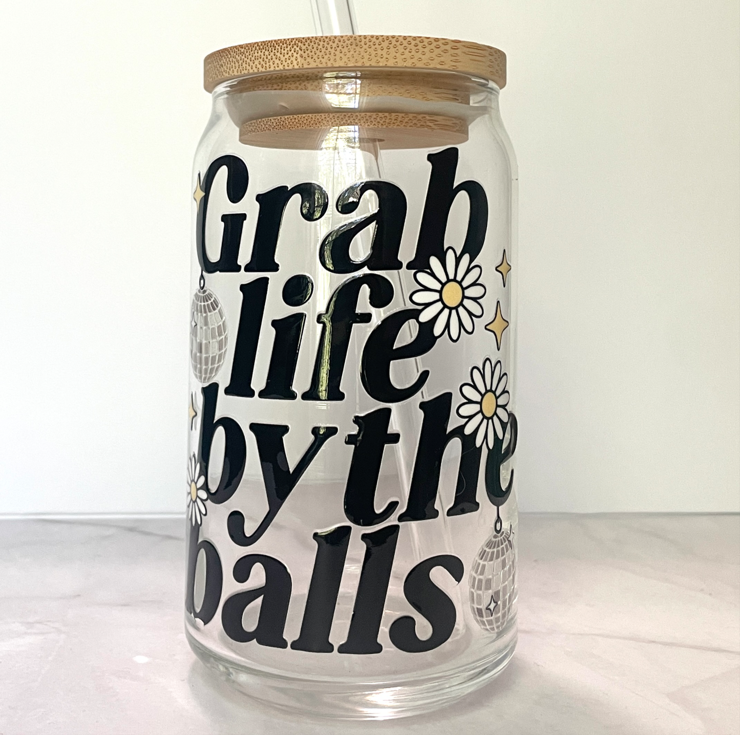 Grab Life by the Disco Balls Glass Can Cup with Bamboo Lid and Straw