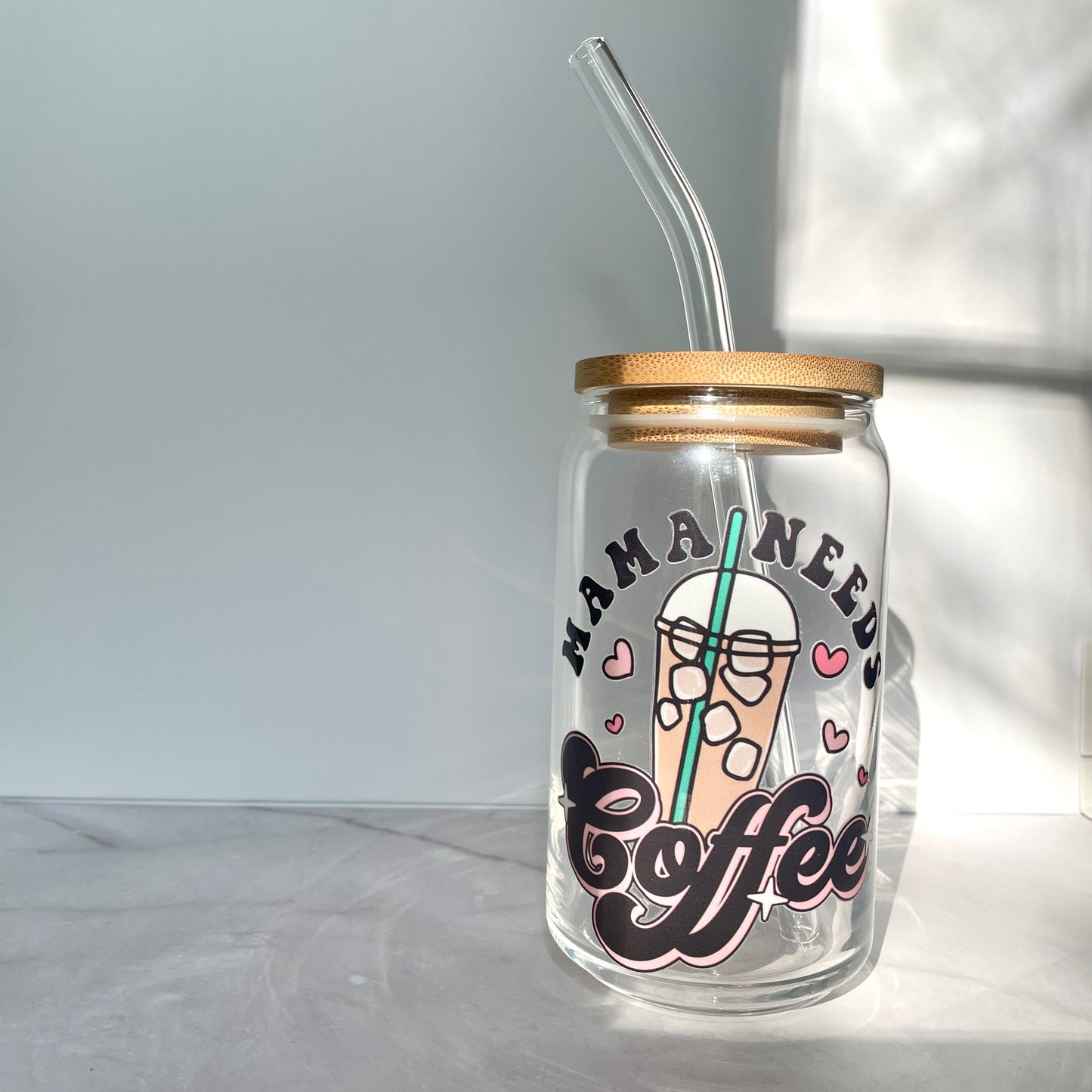 Mama Needs Coffee Glass Can Cup with Bamboo Lid and Straw