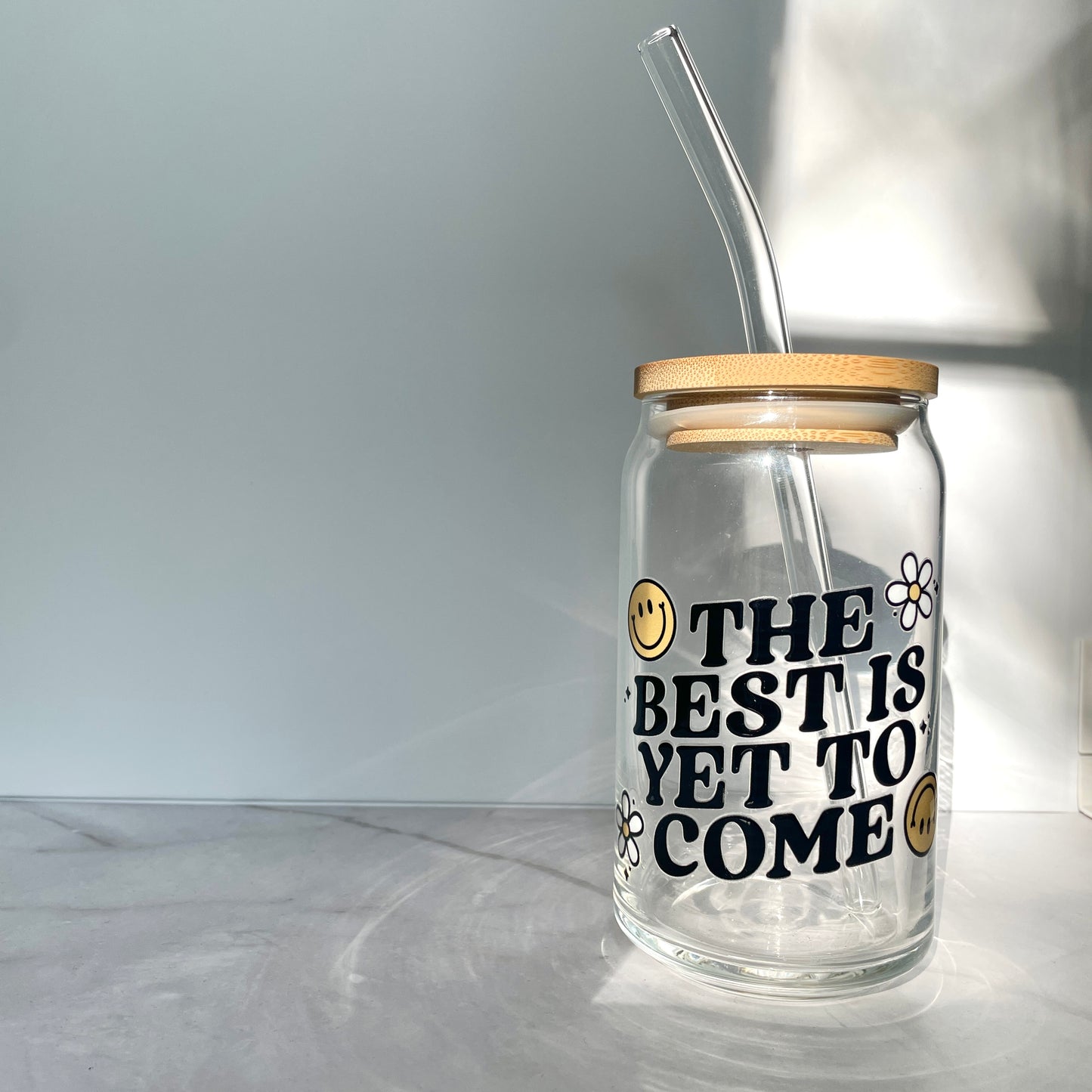 The Best is Yet to Come Glass Can Cup with Bamboo Lid and Straw