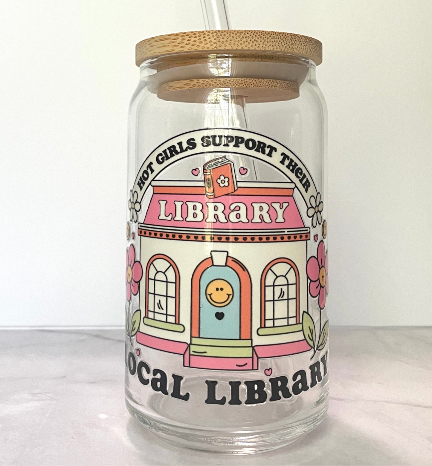 Hot Girls Support Libraries Glass Can Cup with Bamboo Lid and Straw