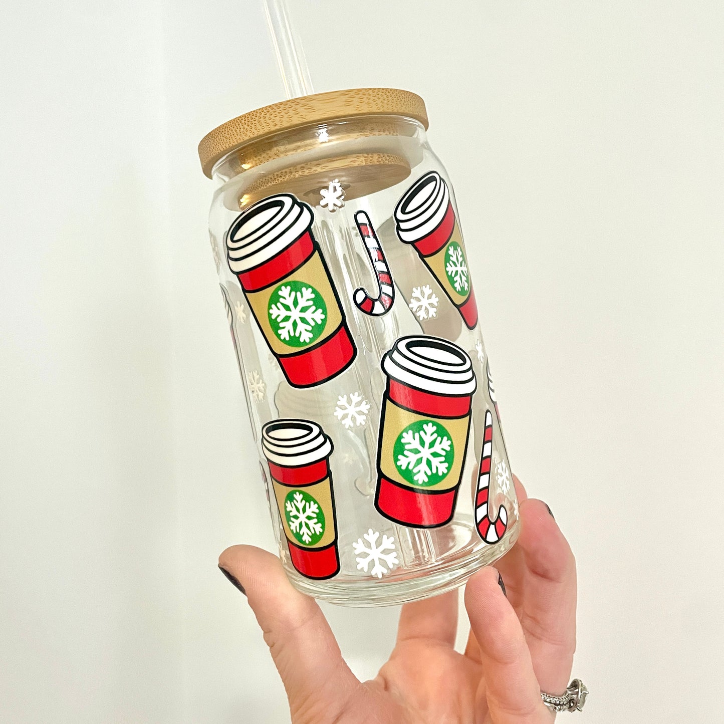 Red Latte Cups Glass Can Cup with Bamboo Lid and Straw