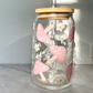 Pink Mushrooms Glass Can Cup with Bamboo Lid and Straw