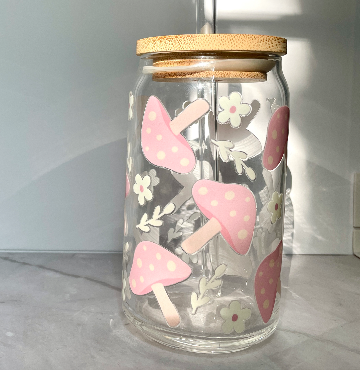 Pink Mushrooms Glass Can Cup with Bamboo Lid and Straw