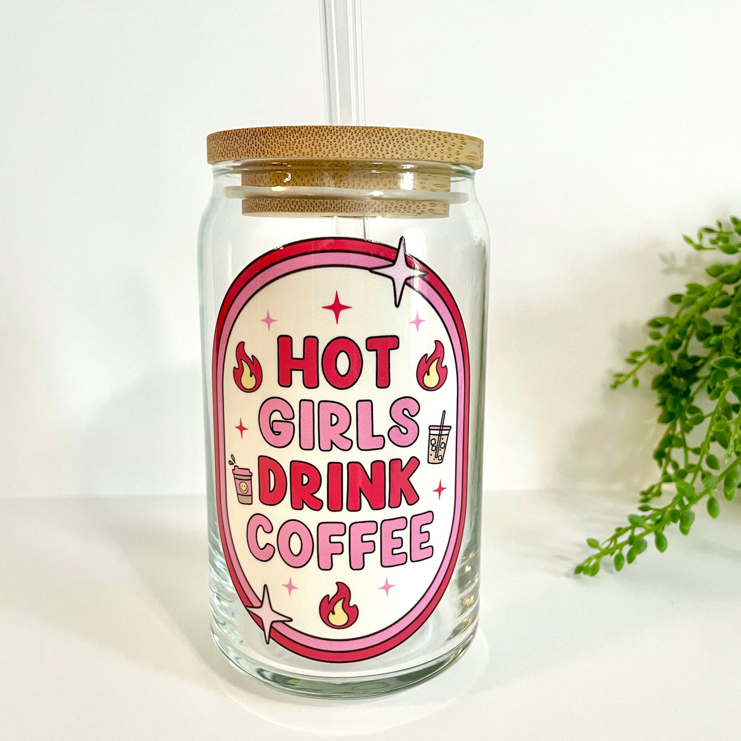 Hot Girls Drink Coffee Glass Can Cup with Bamboo Lid and Straw