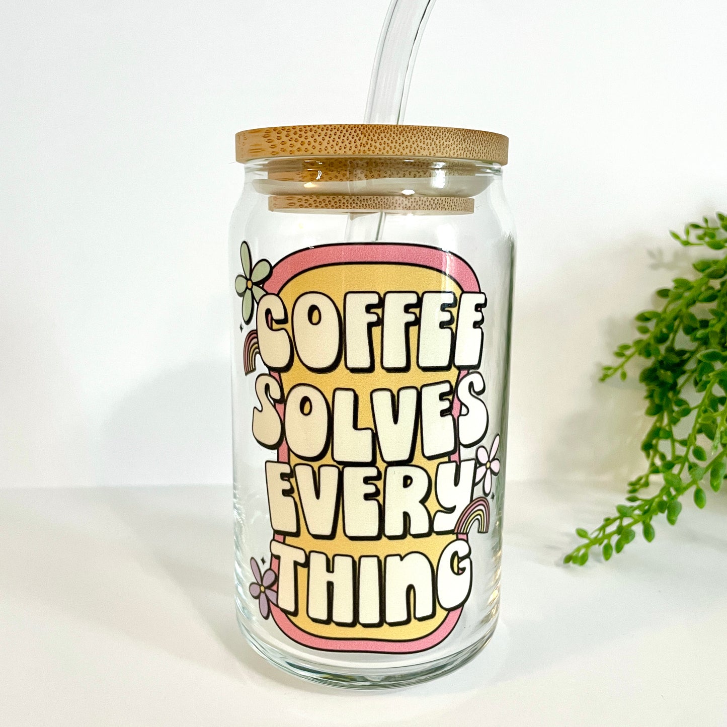 Coffee Solves Everything Glass Can Cup with Bamboo Lid and Straw