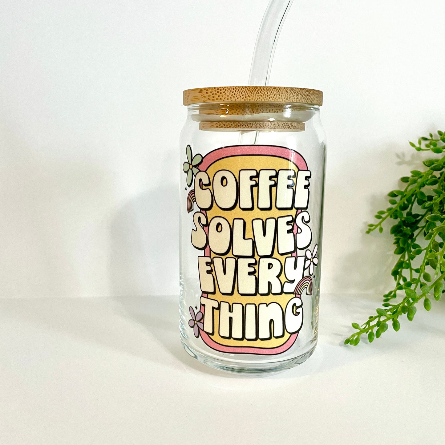 Coffee Solves Everything Glass Can Cup with Bamboo Lid and Straw