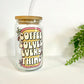 Coffee Solves Everything Glass Can Cup with Bamboo Lid and Straw