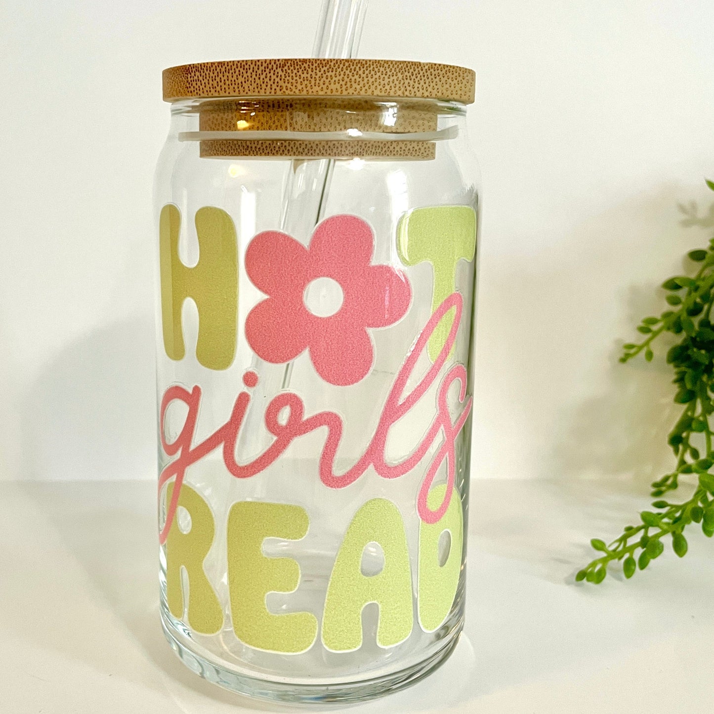Hot Girls Read Glass Can Cup with Bamboo Lid and Straw
