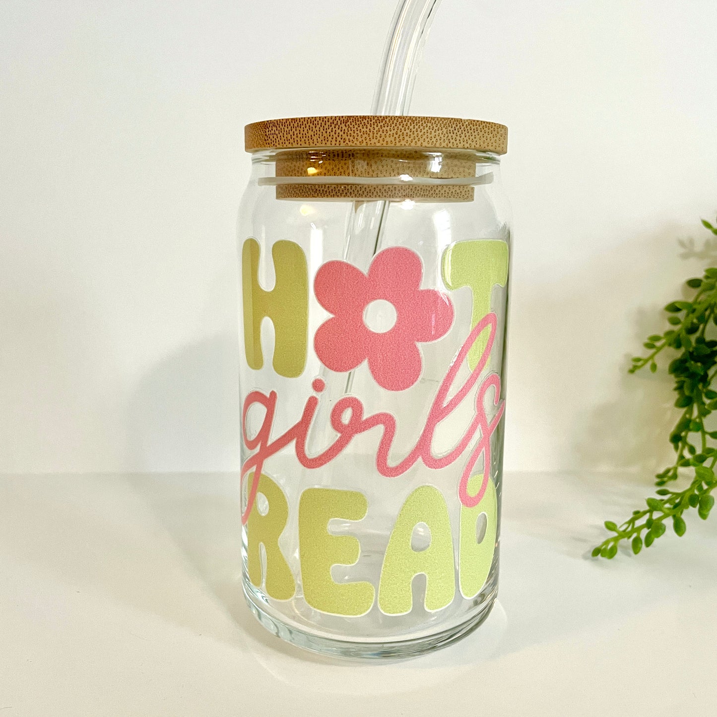 Hot Girls Read Glass Can Cup with Bamboo Lid and Straw