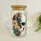 Floral Skull Glass Can Cup with Bamboo Lid and Straw