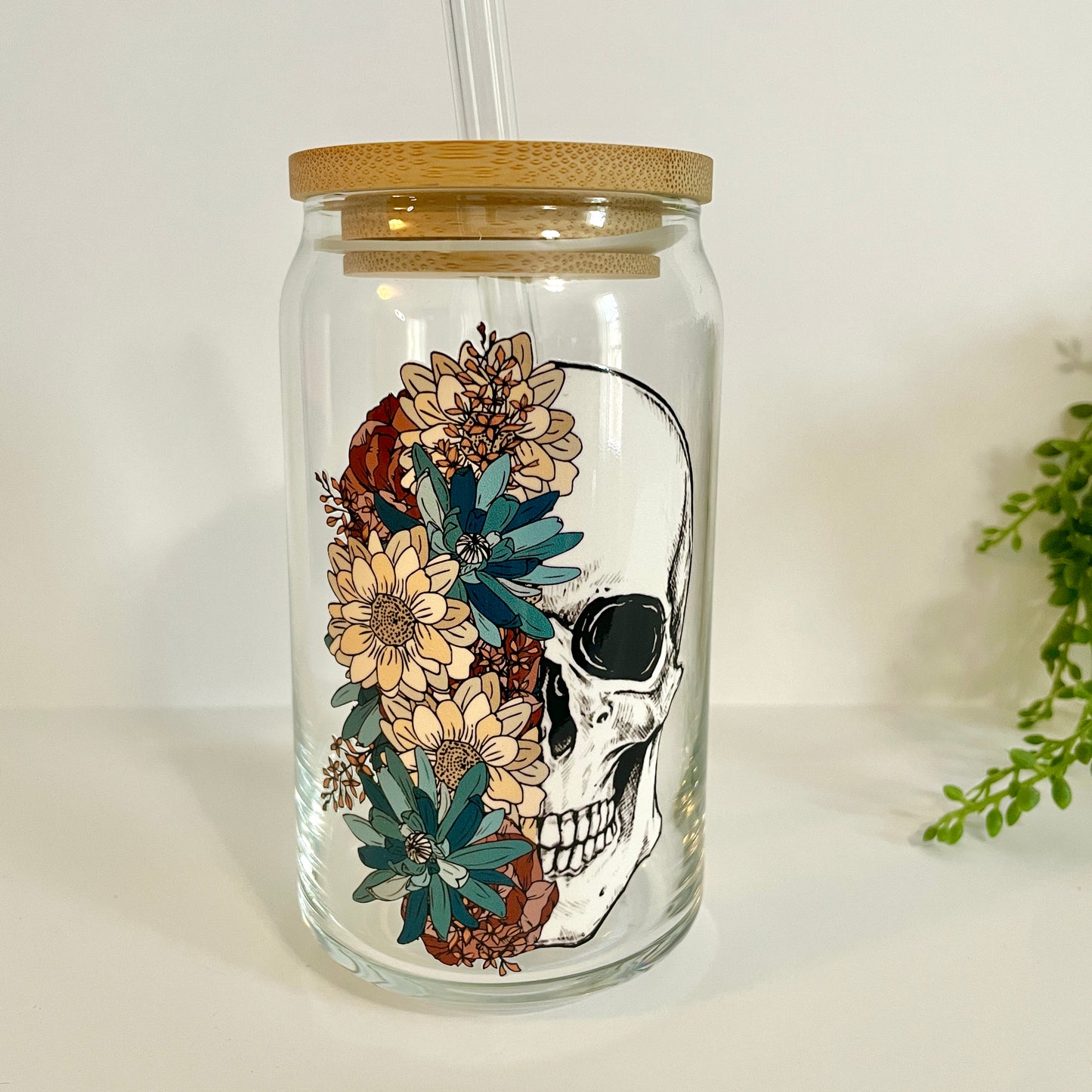 Floral Skull Glass Can Cup with Bamboo Lid and Straw