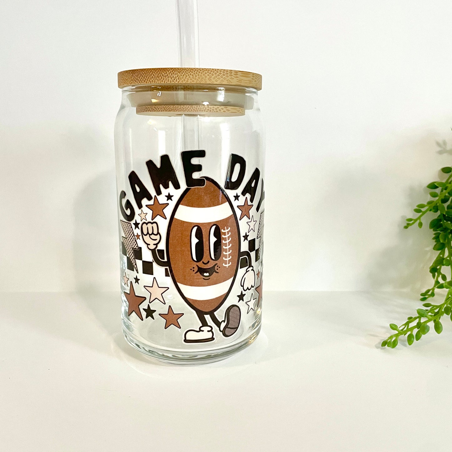 Game Day Retro Football Glass Can Cup with Bamboo Lid and Straw