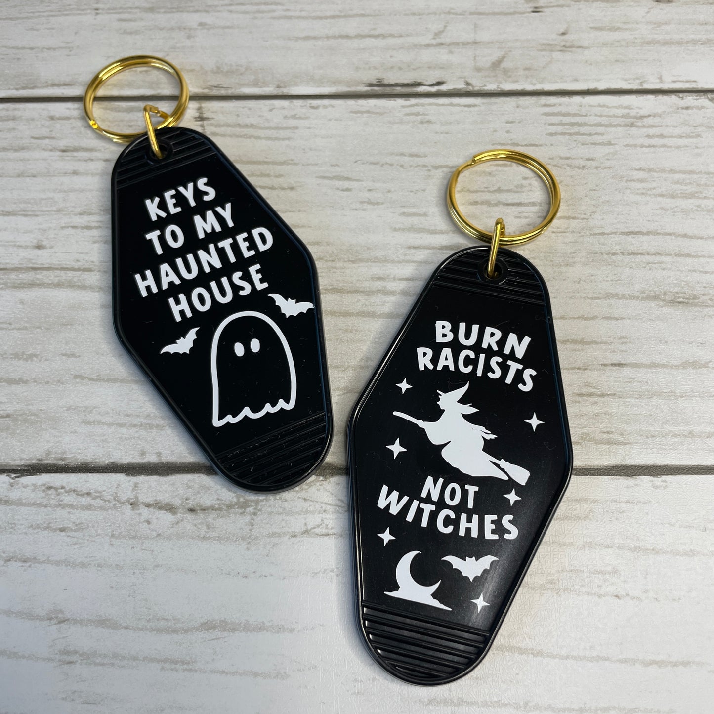 Halloween Motel Keychain Burn Racists Not Witches Keychain and Keys to My Haunted House Keychain