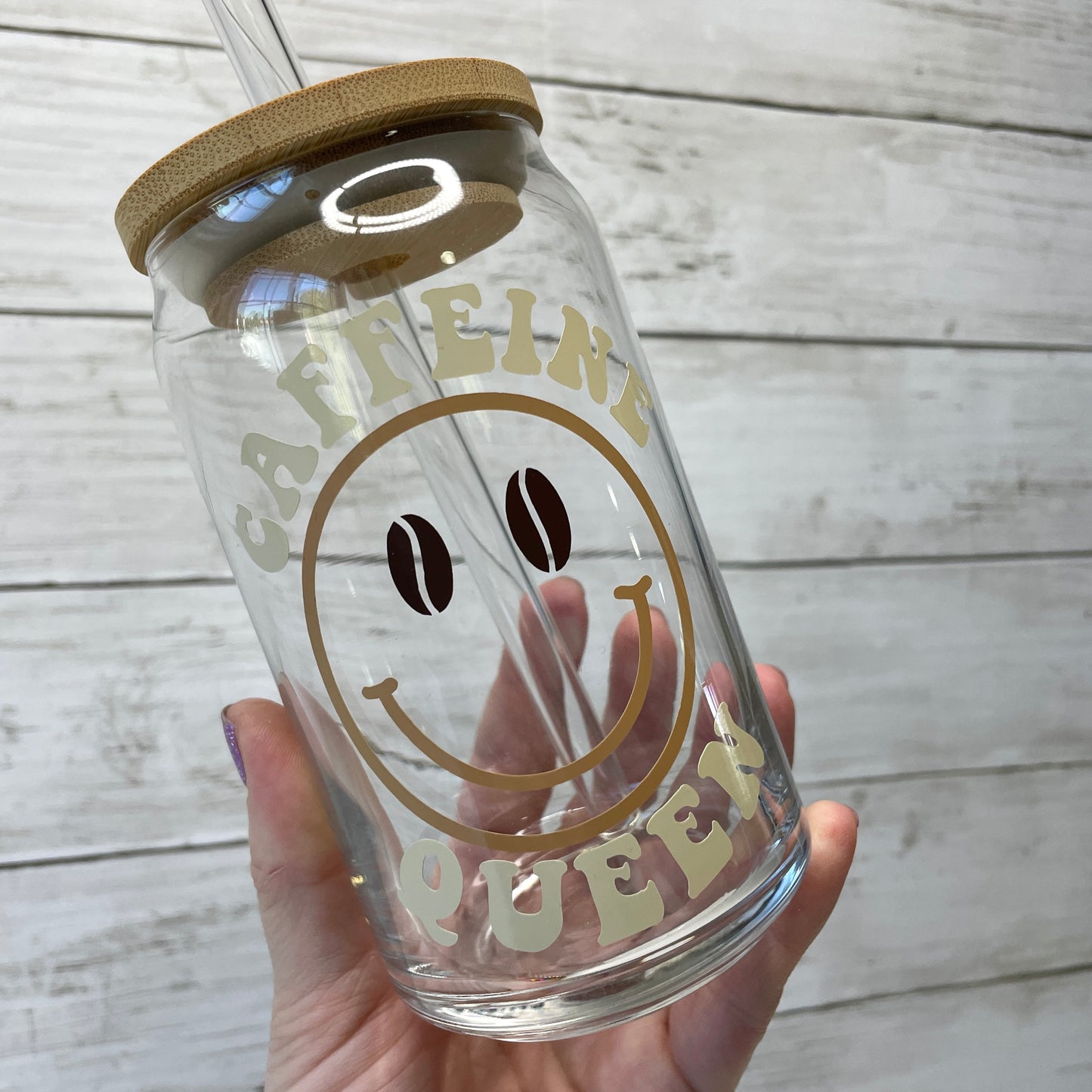 Caffeine Queen Glass Can Cup with Bamboo Lid and Straw