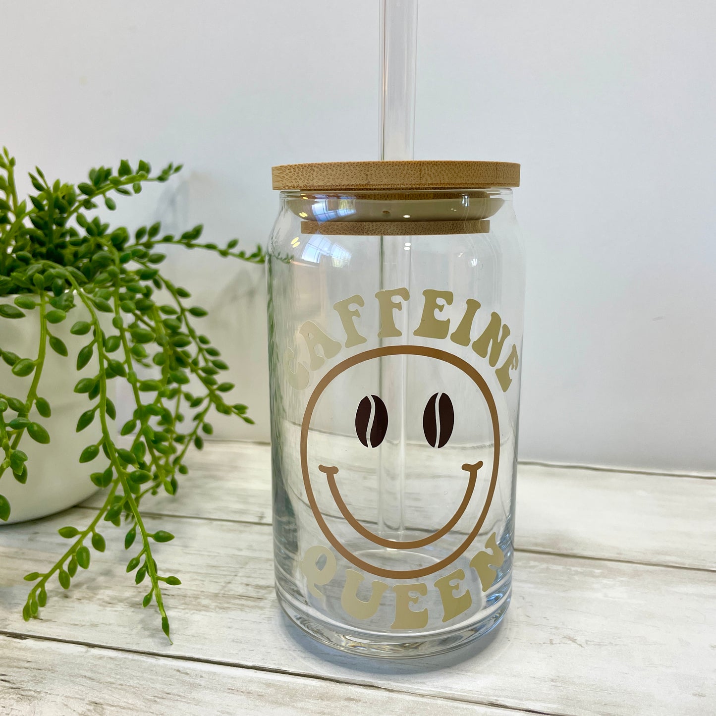 Caffeine Queen Glass Can Cup with Bamboo Lid and Straw