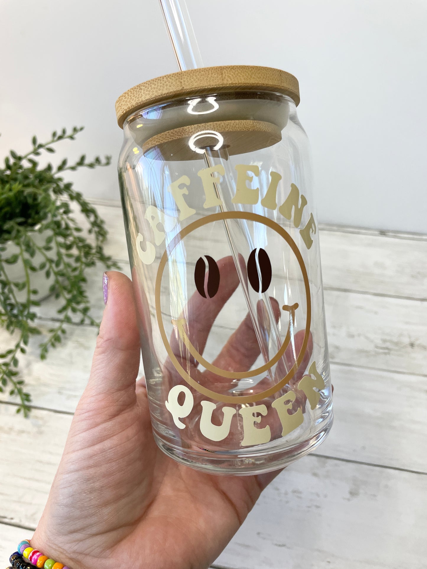 Caffeine Queen Glass Can Cup with Bamboo Lid and Straw