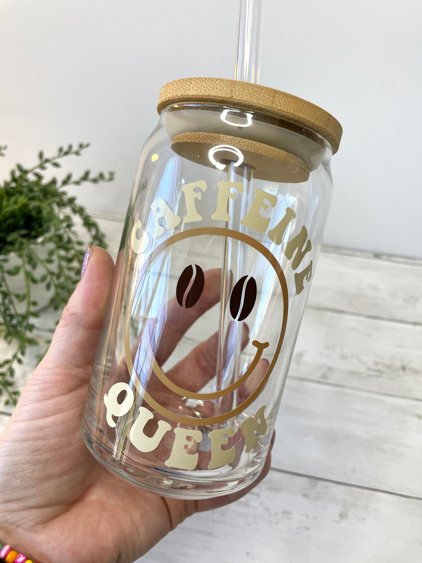 Caffeine Queen Glass Can Cup with Bamboo Lid and Straw