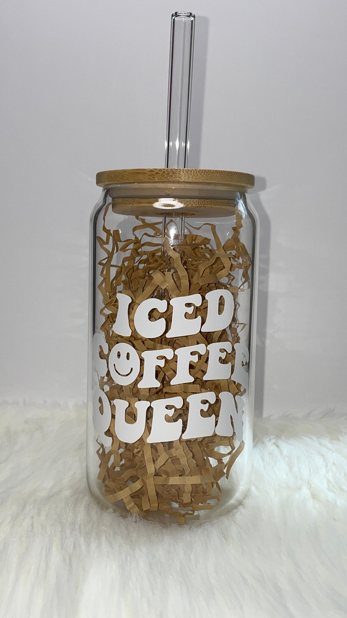 Iced Coffee Queen Glass Cup with Bamboo Lid and Straw