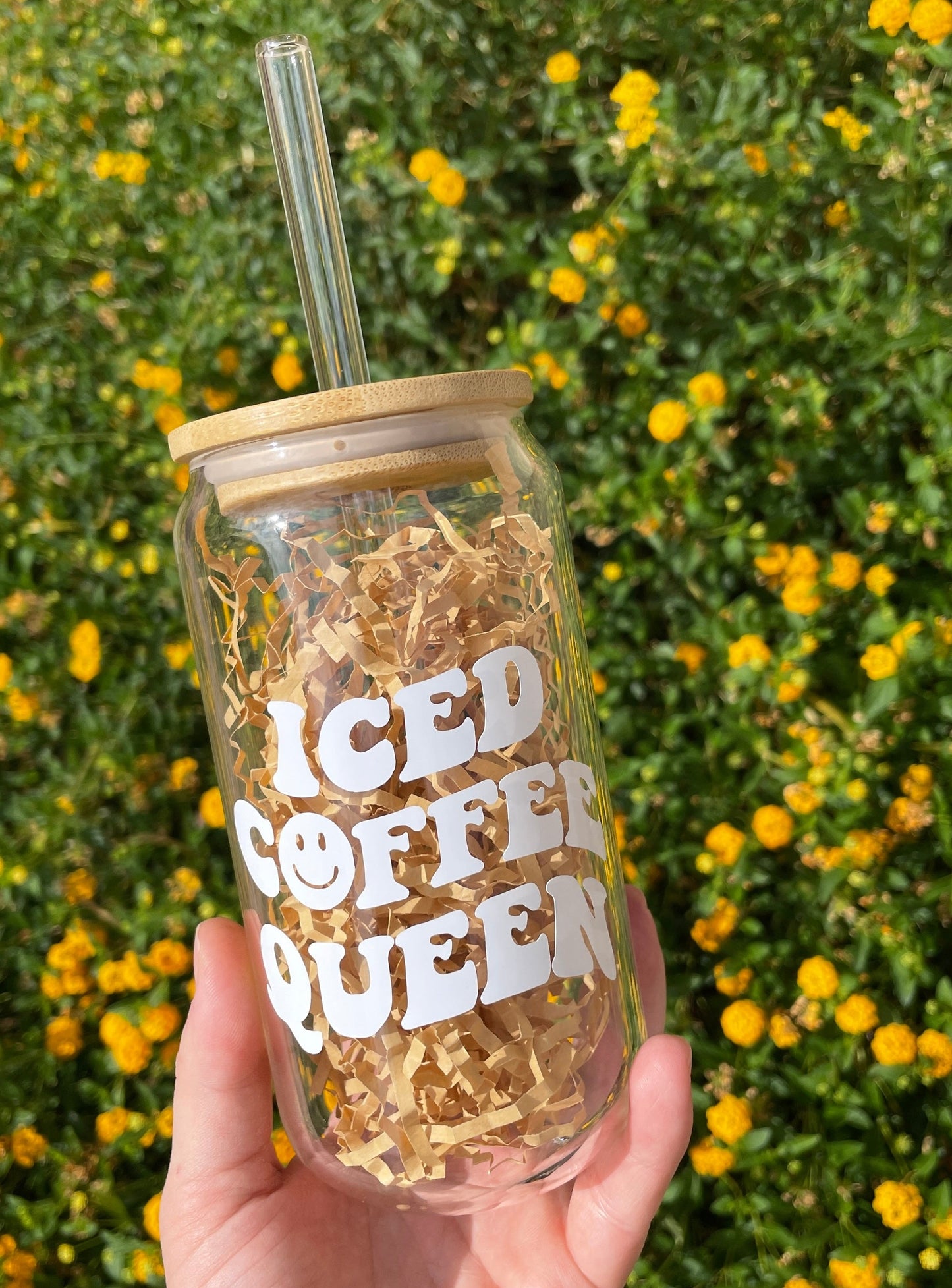 Iced Coffee Queen Glass Cup with Bamboo Lid and Straw
